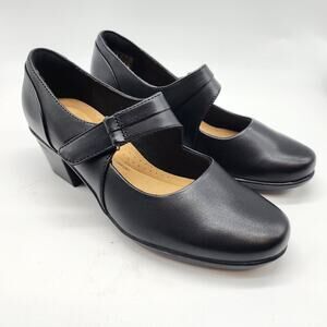 Clarks Emslie Lulin Mary Jane Pumps Black Leather Block Heels Size 7.5 WIDE